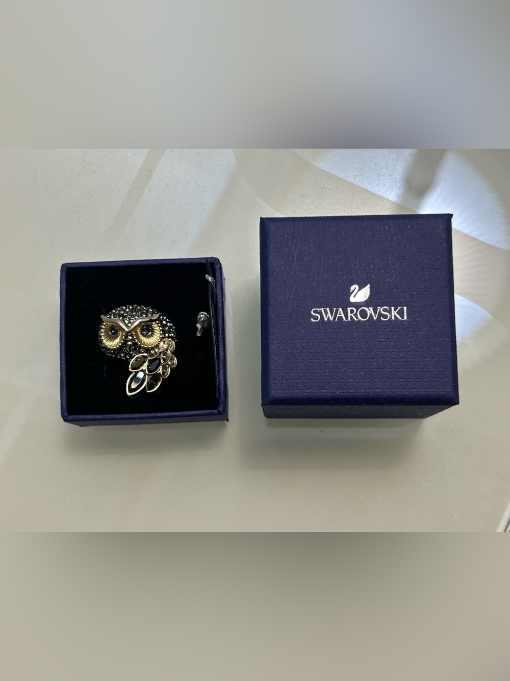 Swarovski Gold and Black Crystal Owl Ring with Clear Accents